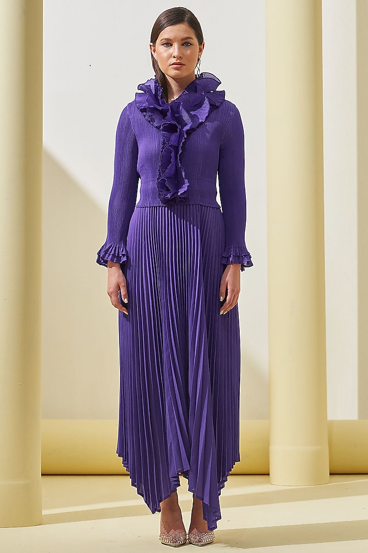 Purple Pleated Polyester Asymmetrical Dress by Pleats By Aruni