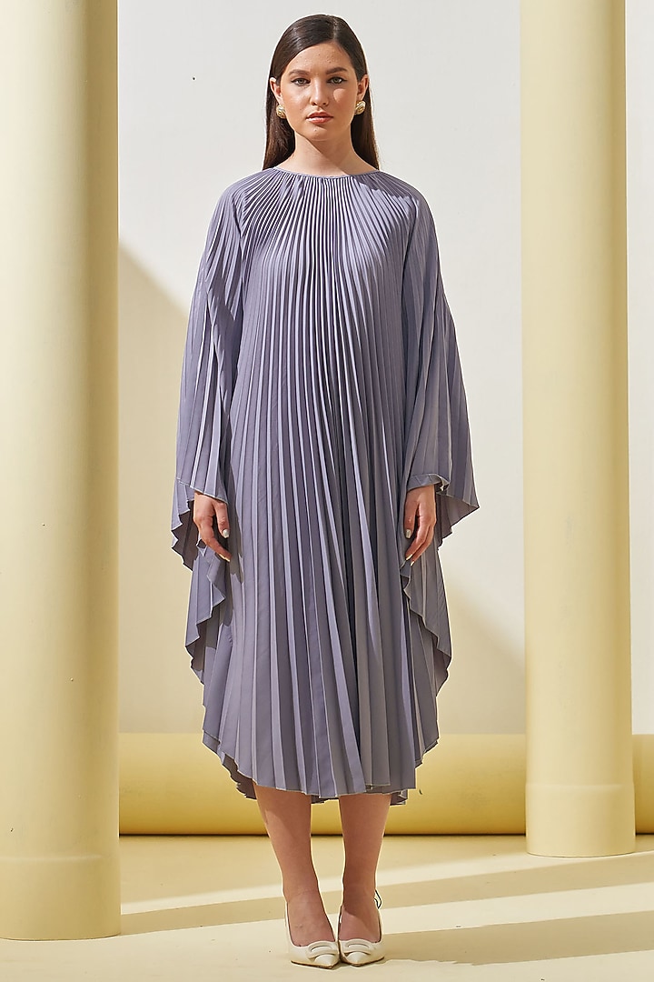 Grey Pleated Polyester Cape Summer Dress by Pleats By Aruni at Pernia's Pop Up Shop