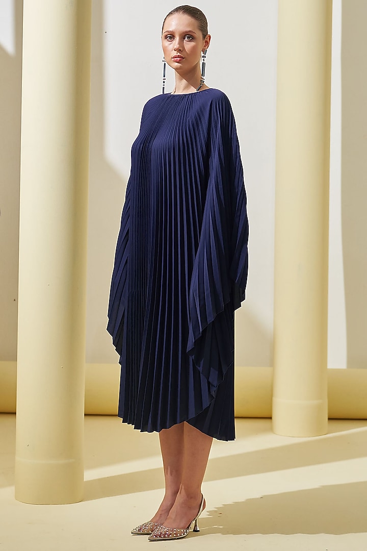 Blue Pleated Polyester Cape Summer Dress by Pleats By Aruni at Pernia's Pop Up Shop