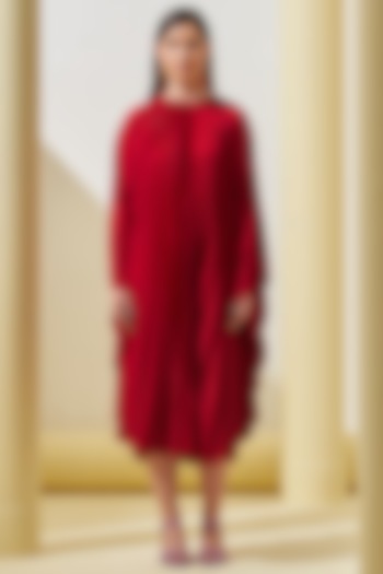 Red Pleated Polyester Cape Dress by Pleats By Aruni
