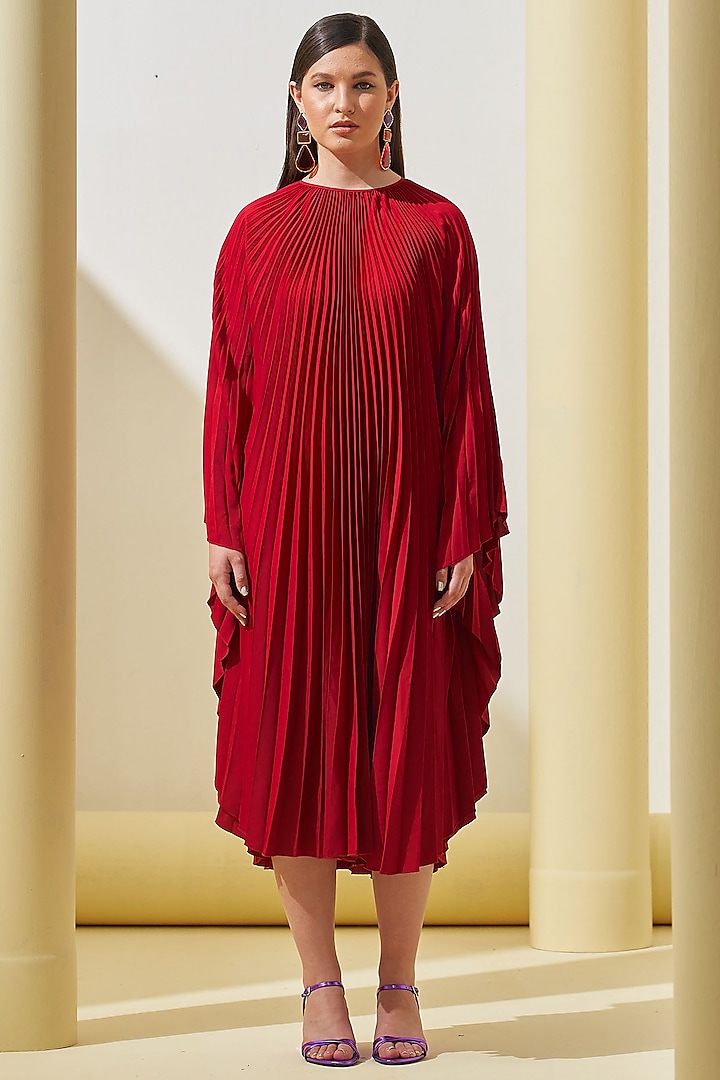 Red Pleated Polyester Cape Dress by Pleats By Aruni