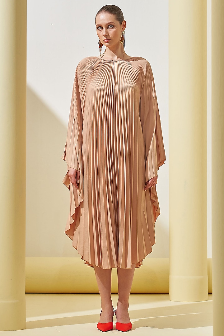 Beige Pleated Polyester Cape Dress by Pleats By Aruni