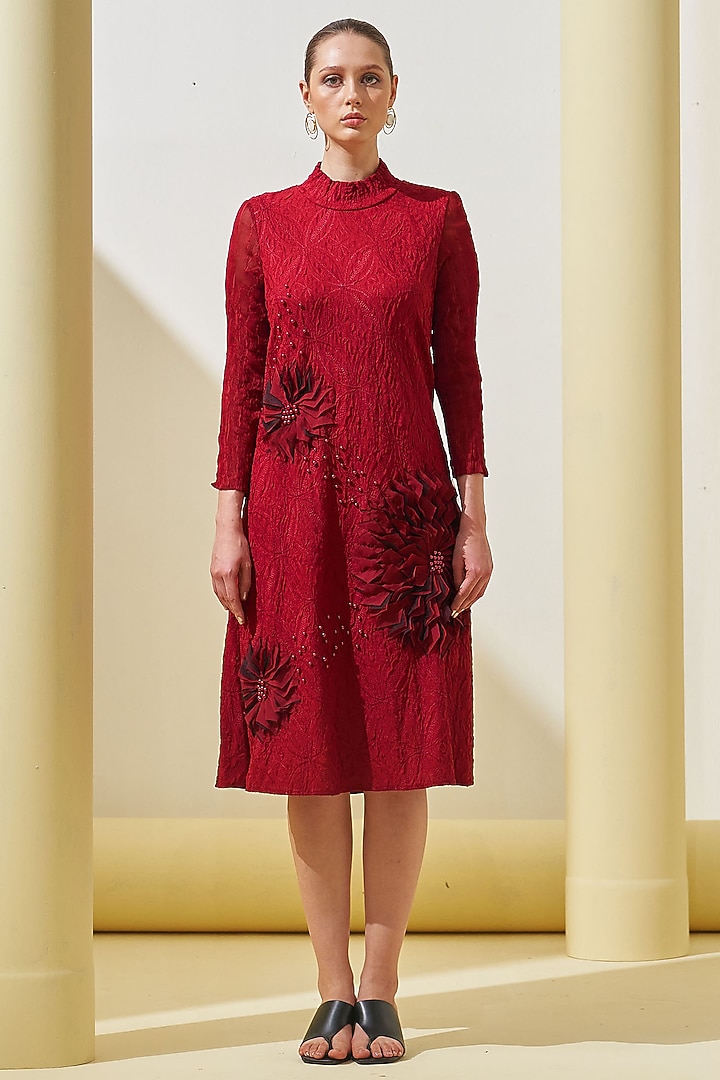 Maroon Pleated Polyester Summer Dress by Pleats By Aruni at Pernia's Pop Up Shop