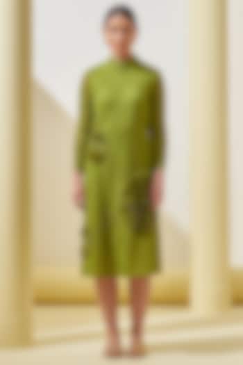 Lime Green Pleated Polyester Dress by Pleats By Aruni