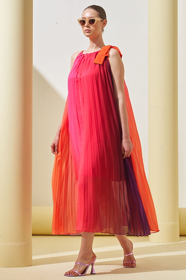 Ruby Red Georgette Pleated Dress by Pleats By Aruni at Pernia's Pop Up Shop  2026