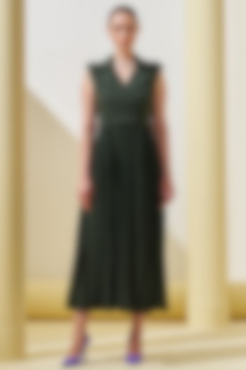 Military Green Pleated Crepe Gown by Pleats By Aruni at Pernia's Pop Up Shop