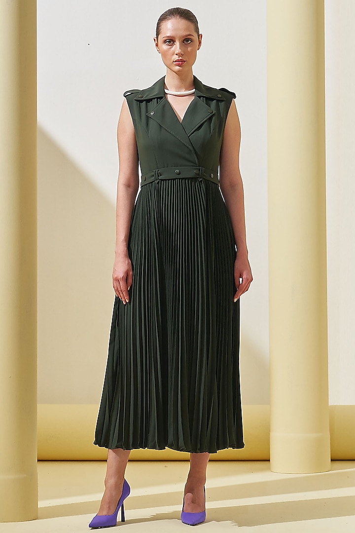 Military Green Pleated Crepe Gown Design by Pleats By Aruni at Pernia's ...