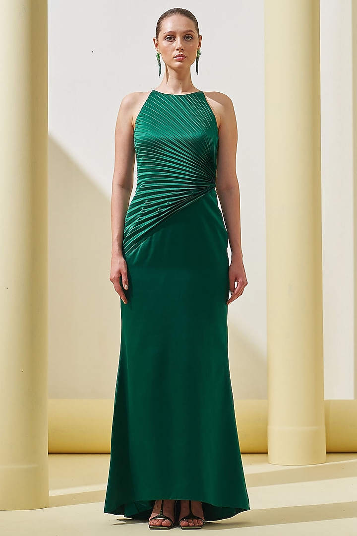 Green Crepe Draped Party Wear Gown by Pleats By Aruni at Pernia's Pop Up Shop