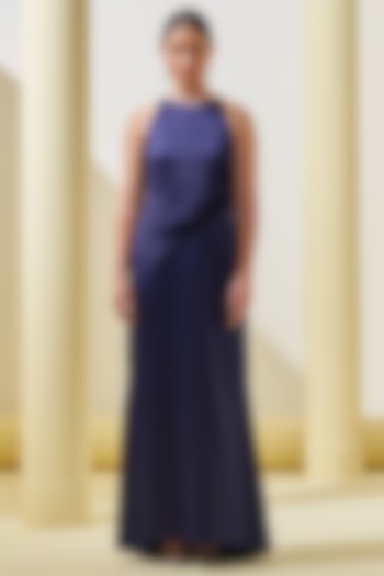 Blue Crepe Draped Party Wear Gown by Pleats By Aruni at Pernia's Pop Up Shop