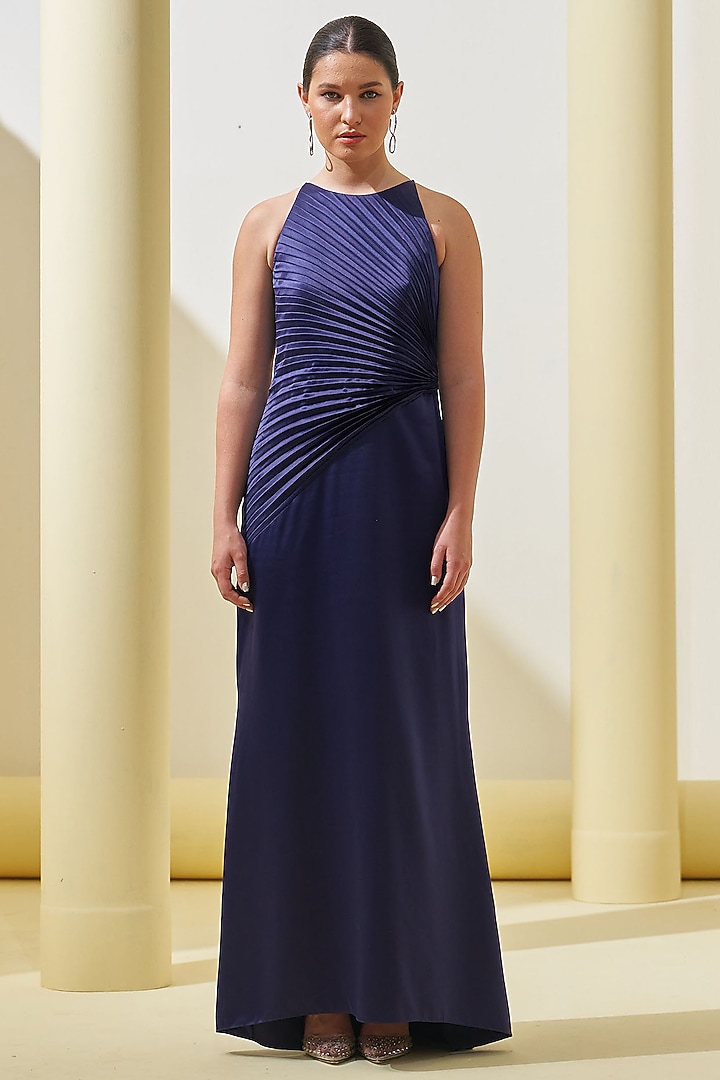 Blue Crepe Draped Party Wear Gown by Pleats By Aruni at Pernia's Pop Up Shop