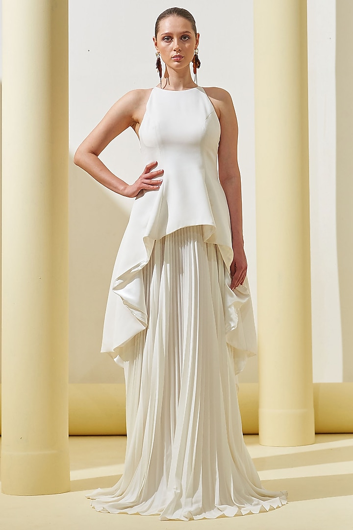 White Crepe Peplum Gown by Pleats By Aruni