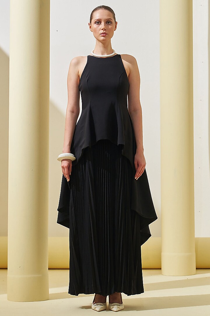 Black Crepe Peplum Gown by Pleats By Aruni