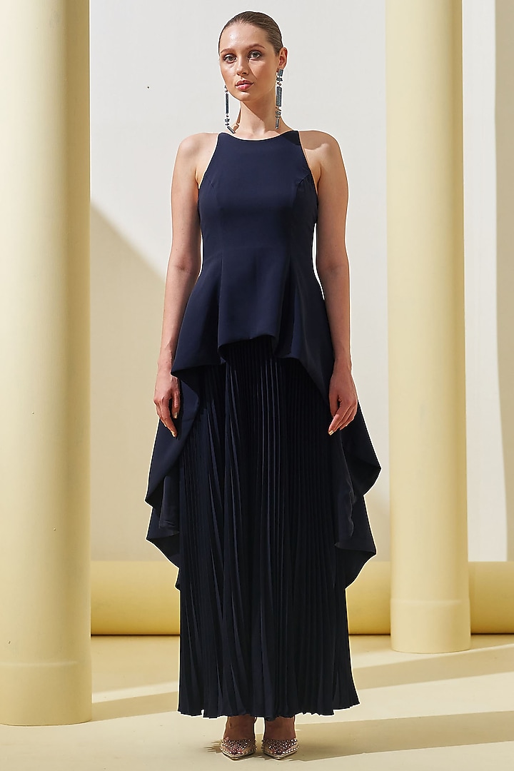 Blue Crepe Peplum Gown by Pleats By Aruni