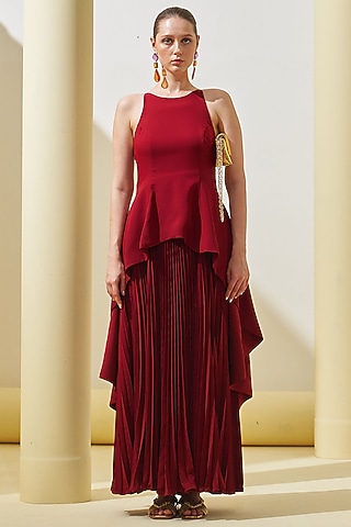 Maroon Crepe Peplum Gown by Pleats By Aruni