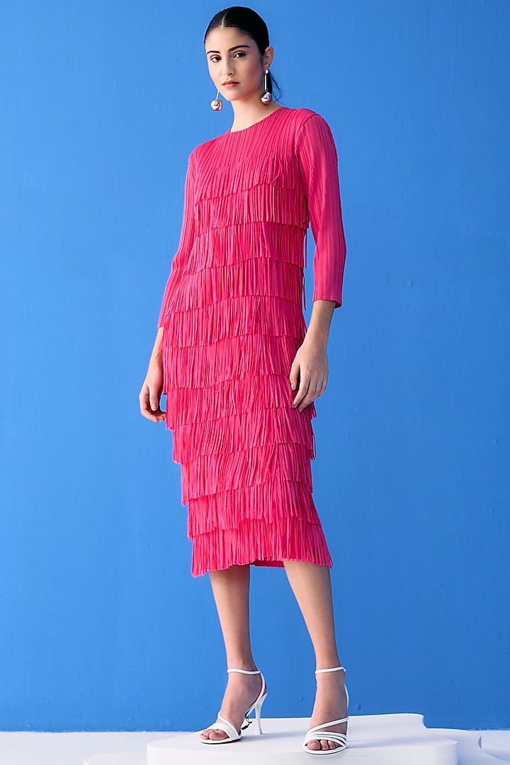 Fuchsia Pleated Polyester Dress by Pleats By Aruni