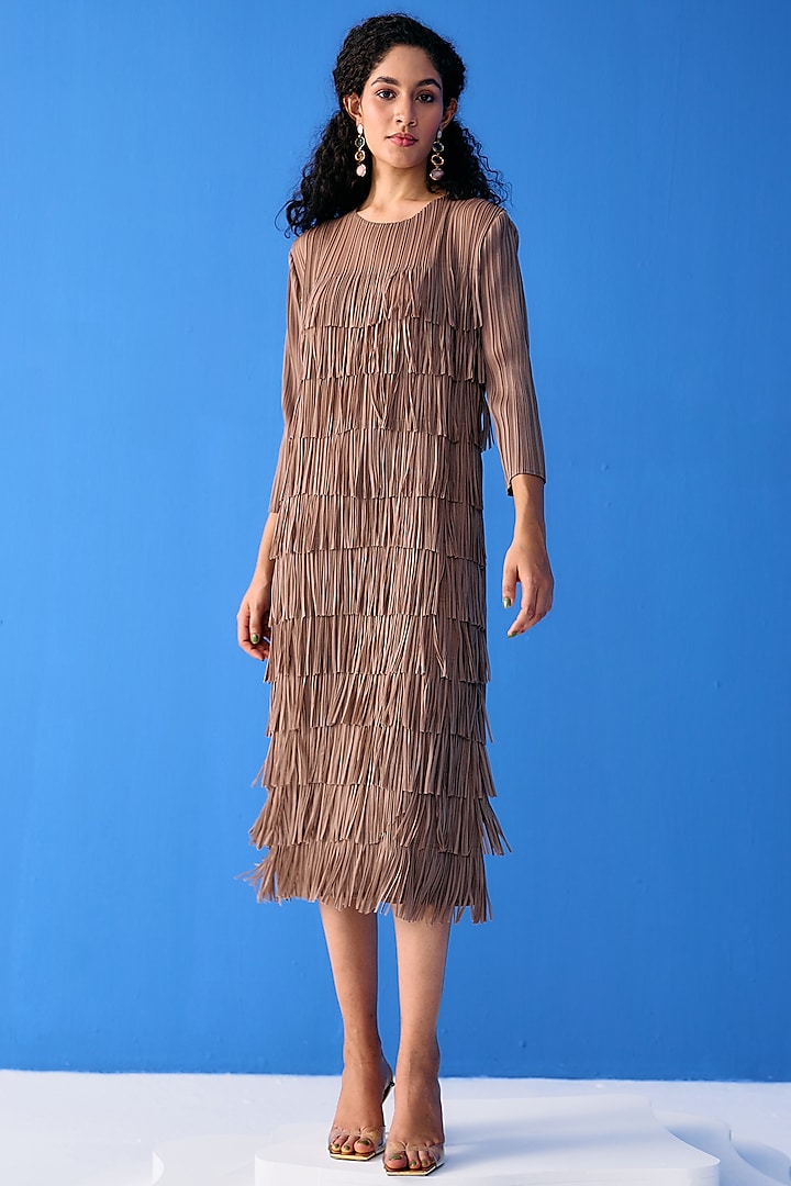 Brown Pleated Polyester Dress by Pleats By Aruni