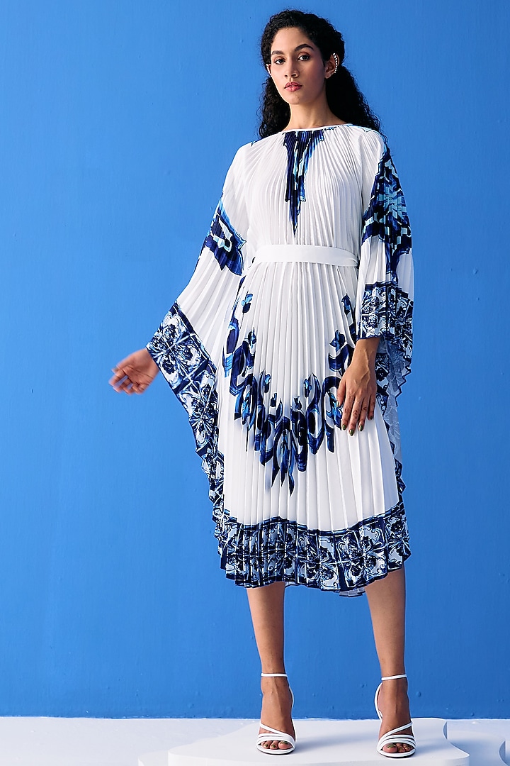 White & Blue Crepe Printed Cape Set by Pleats By Aruni