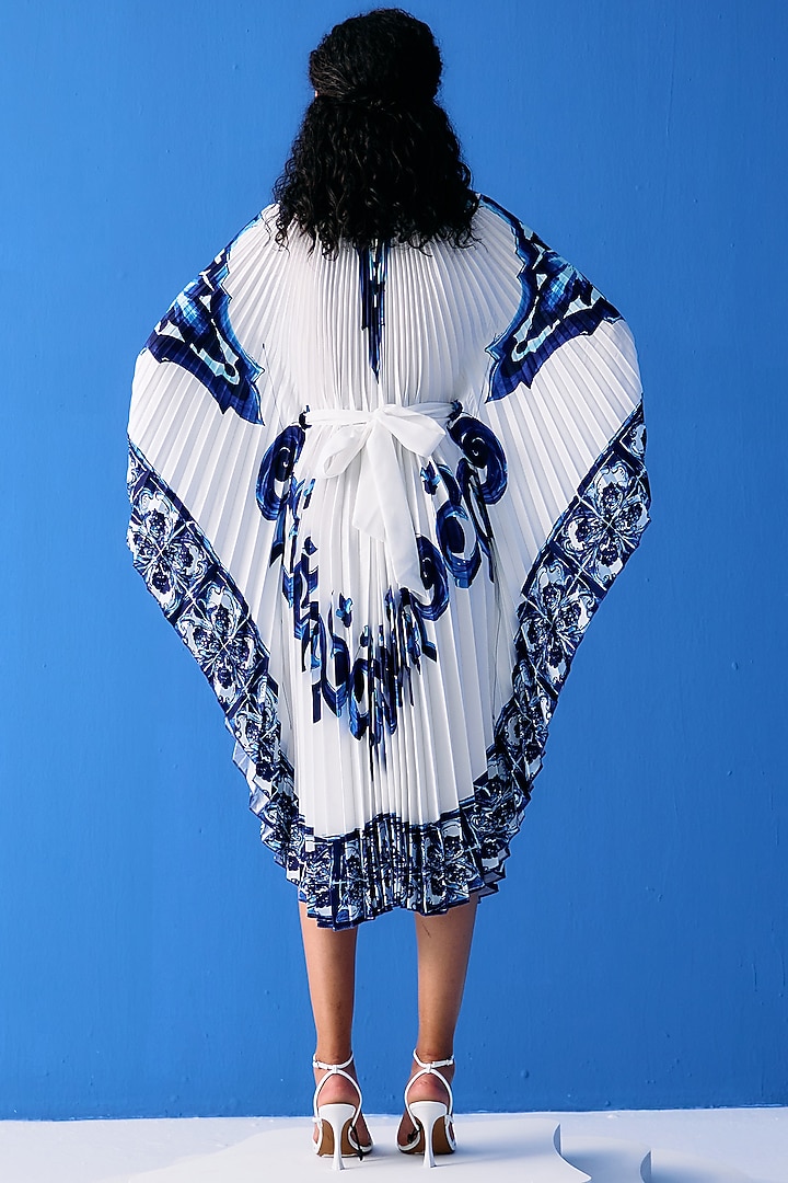 White & Blue Crepe Printed Cape Set by Pleats By Aruni at Pernia's Pop Up Shop