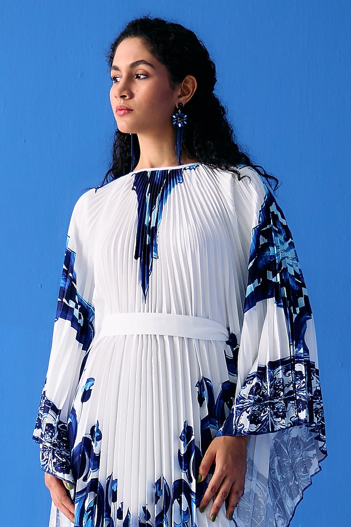 White & Blue Crepe Printed Cape Set by Pleats By Aruni at Pernia's Pop Up Shop