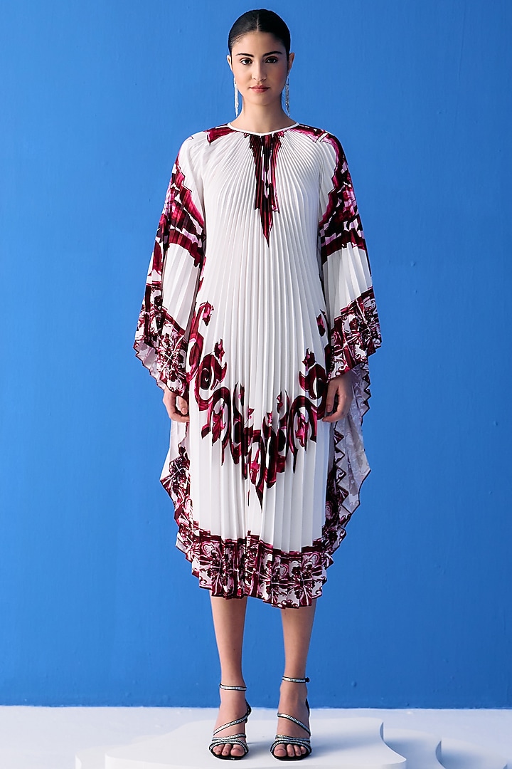 White & Red Crepe Printed Cape Set by Pleats By Aruni
