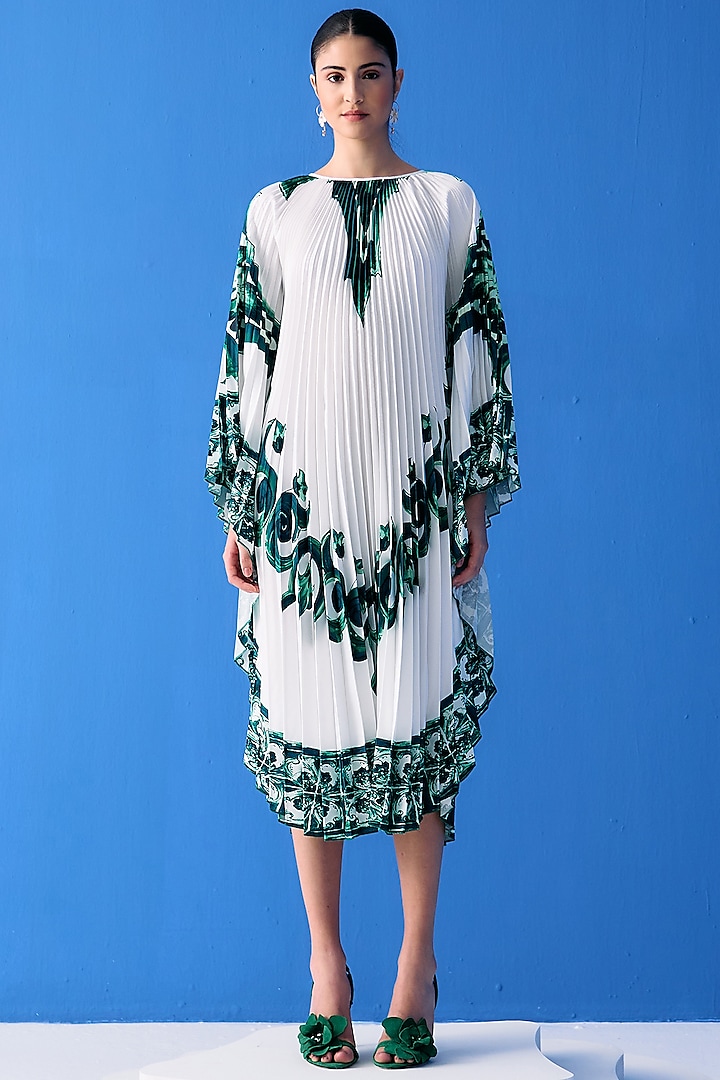 White & Green Crepe Printed Cape Set by Pleats By Aruni