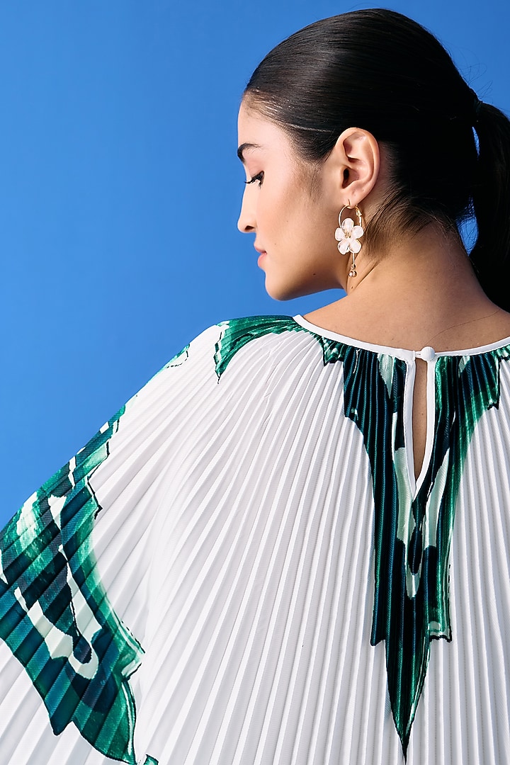 White & Green Crepe Printed Cape Set by Pleats By Aruni at Pernia's Pop Up Shop