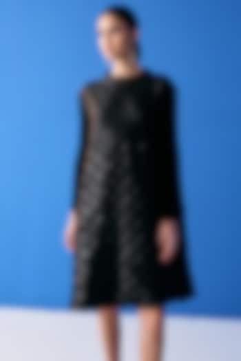 Black Textured Polyester Dress by Pleats By Aruni