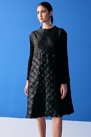 Black Textured Polyester Dress by Pleats By Aruni