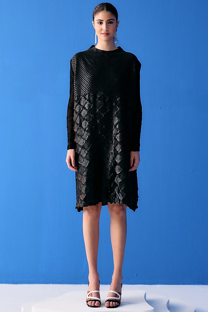 Black Textured Polyester Summer Dress by Pleats By Aruni at Pernia's Pop Up Shop