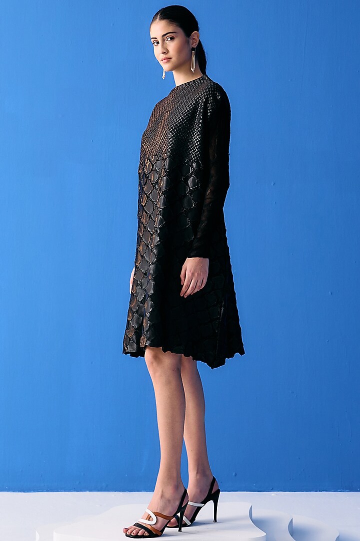 Black Textured Polyester Summer Dress by Pleats By Aruni at Pernia's Pop Up Shop