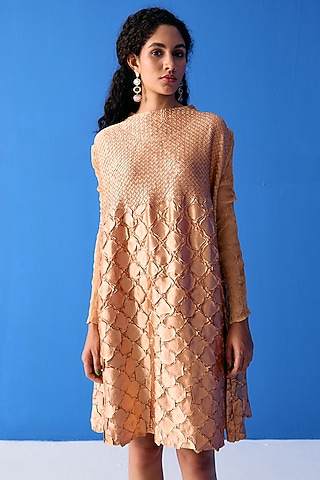 Gold Textured Polyester Dress by Pleats By Aruni