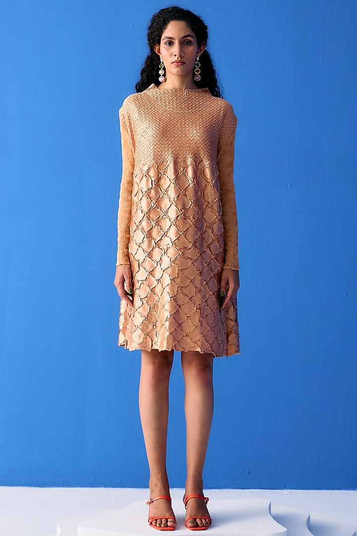 Gold Textured Polyester Summer Dress by Pleats By Aruni at Pernia's Pop Up Shop