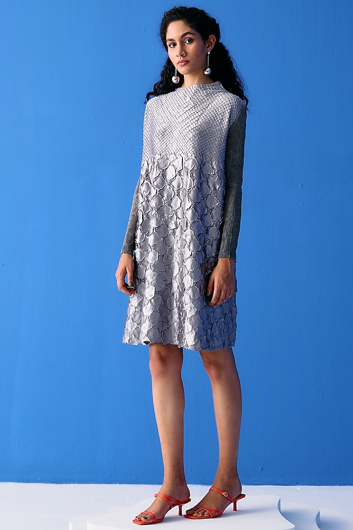 Grey Textured Polyester Dress by Pleats By Aruni
