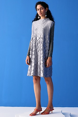 Grey Textured Polyester Dress by Pleats By Aruni
