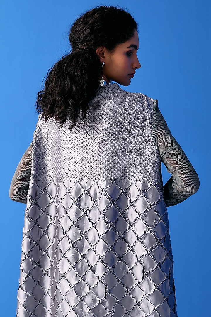 Grey Textured Polyester Summer Dress by Pleats By Aruni at Pernia's Pop Up Shop