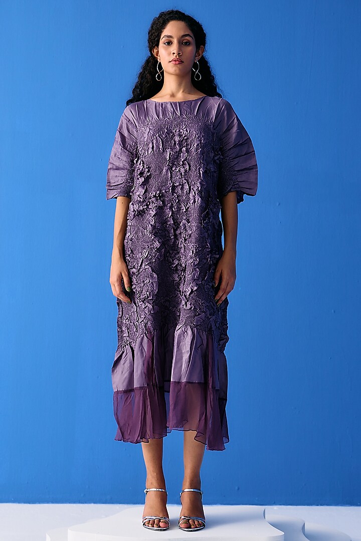 Purple Crinkled Polyester Dress by Pleats By Aruni