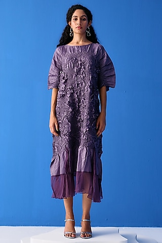 Purple Crinkled Polyester Dress by Pleats By Aruni