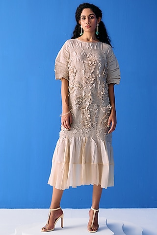 Ivory Crinkled Polyester Dress by Pleats By Aruni