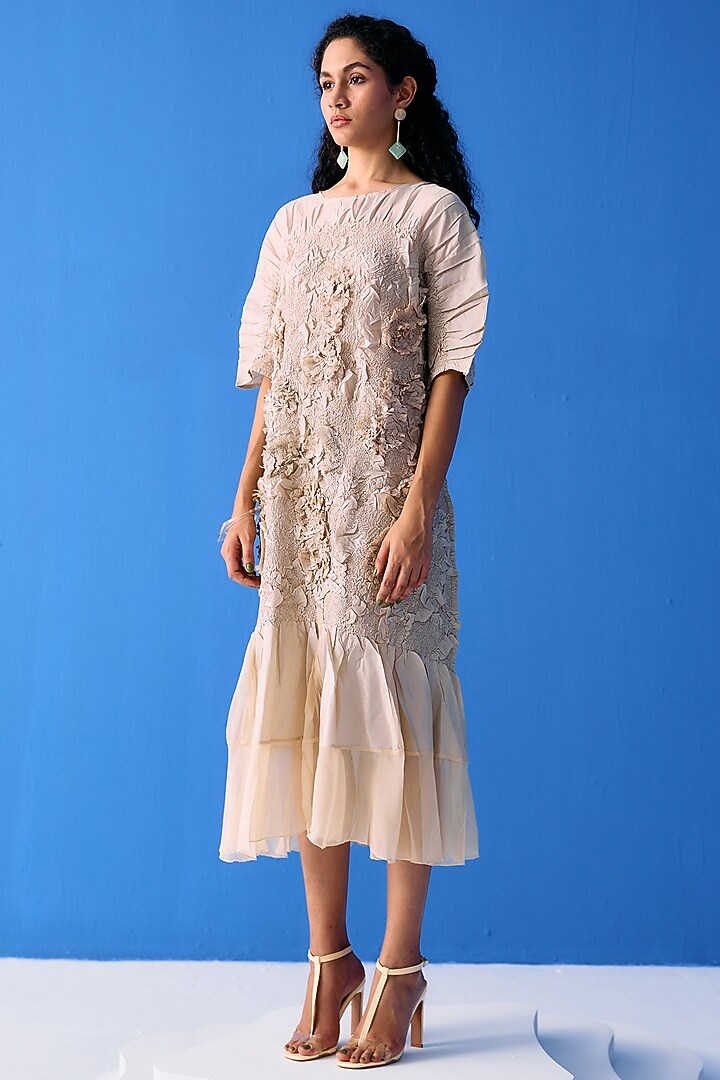 Ivory Crinkled Polyester Summer Dress by Pleats By Aruni at Pernia's Pop Up Shop