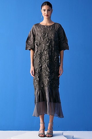 Grey Crinkled Polyester Dress by Pleats By Aruni