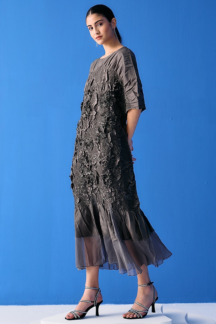 Grey Crinkled Polyester Summer Dress by Pleats By Aruni at Pernia's Pop Up Shop