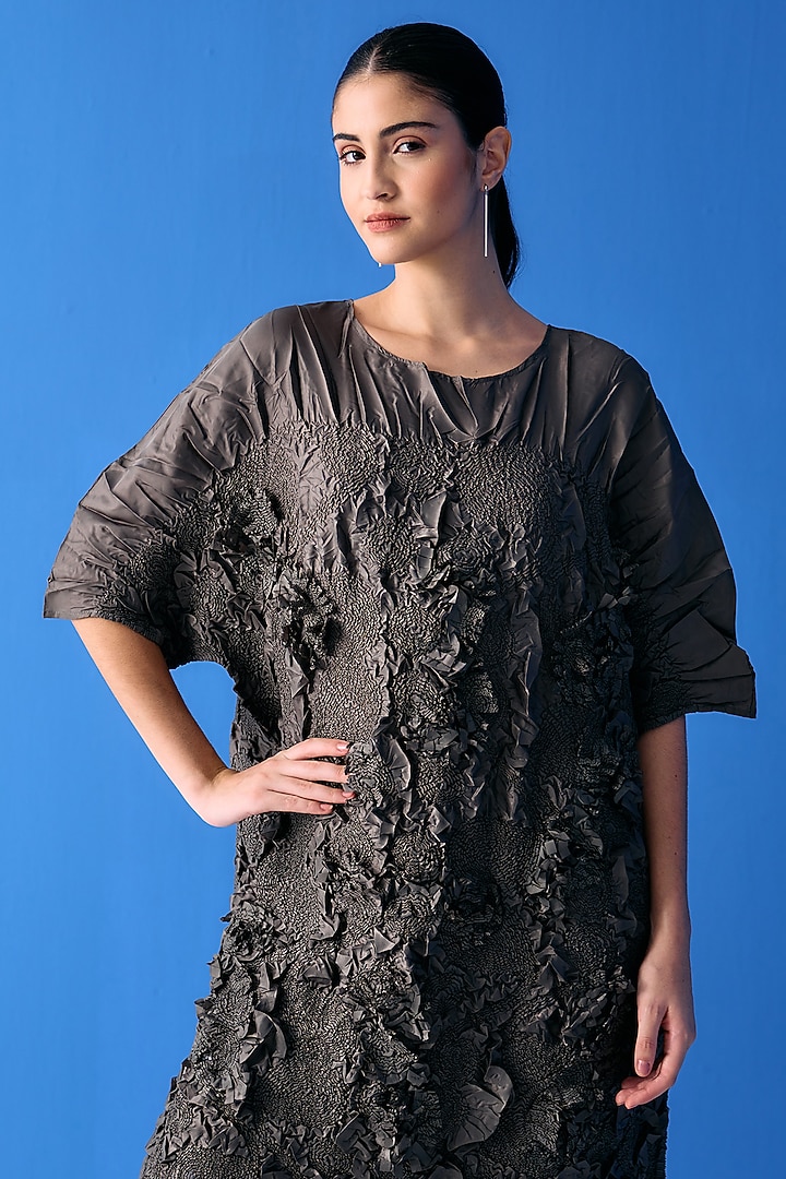 Grey Crinkled Polyester Summer Dress by Pleats By Aruni at Pernia's Pop Up Shop