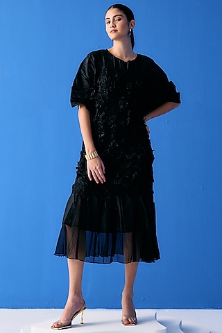 Black Crinkled Polyester Dress by Pleats By Aruni