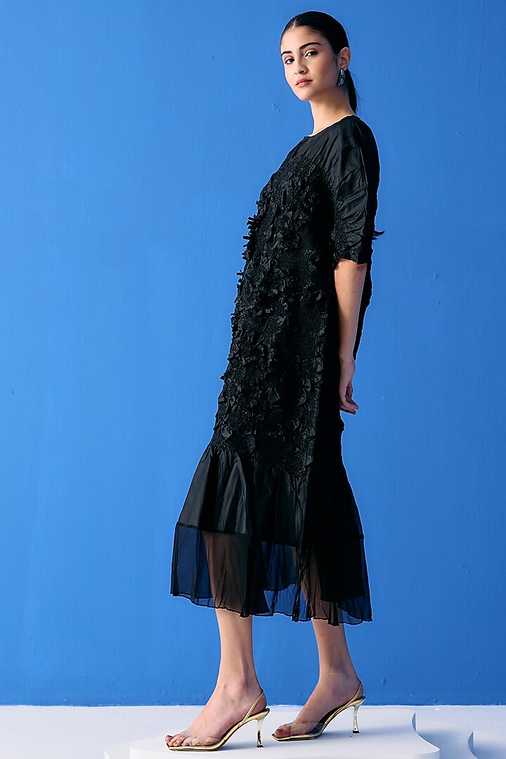 Black Crinkled Polyester Summer Dress by Pleats By Aruni at Pernia's Pop Up Shop
