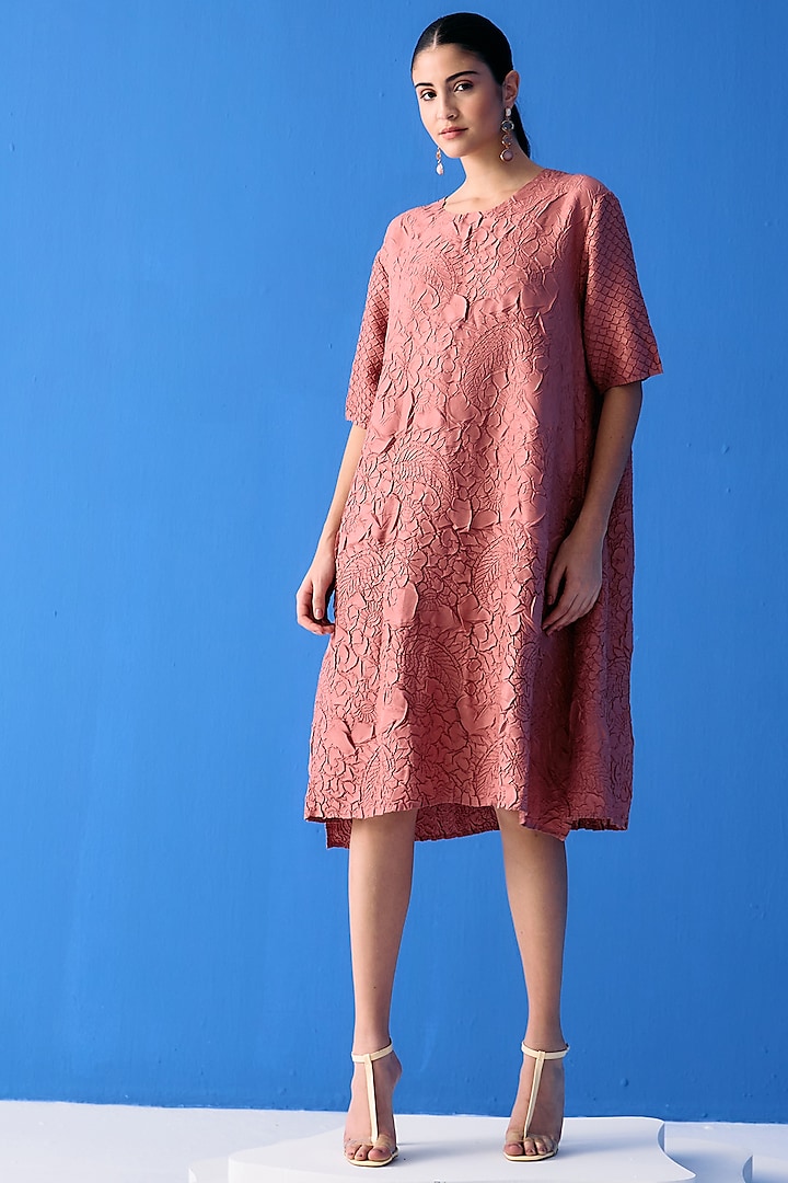 Pink Textured Polyester Dress by Pleats By Aruni