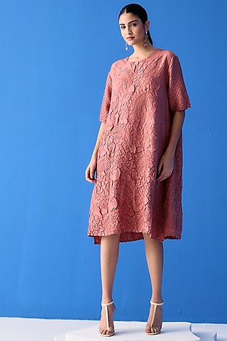 Pink Textured Polyester Dress by Pleats By Aruni
