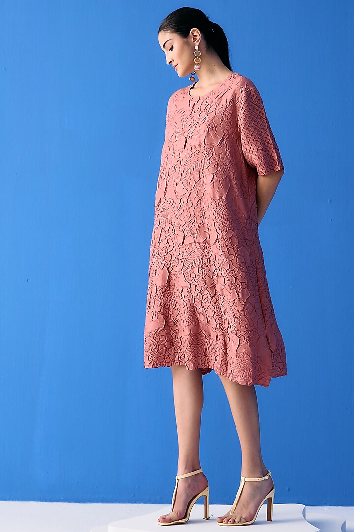 Pink Textured Polyester Summer Dress by Pleats By Aruni at Pernia's Pop Up Shop