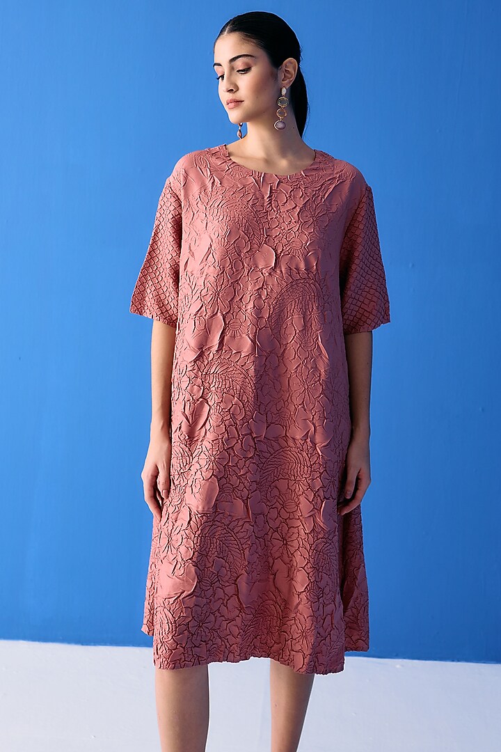 Pink Textured Polyester Summer Dress by Pleats By Aruni at Pernia's Pop Up Shop