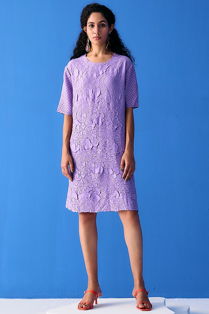 Lilac Textured Polyester Dress by Pleats By Aruni