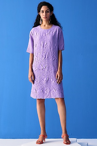 Lilac Textured Polyester Dress by Pleats By Aruni